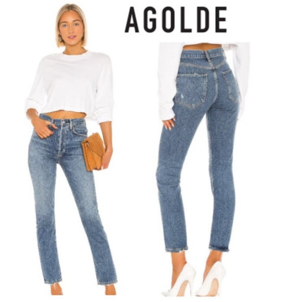 Agolde Riley Ankle Jeans Blue Size 25 High Rise Button Fly Straight Leg Preppy